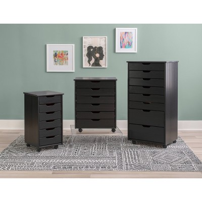 Cary Modern Black Pine Wood 6-Drawer Mobile Storage Cart