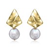 Guili Sterling Silver 14K Yellow Gold Plated Earrings with White Coin Freshwater Pearl, Featuring Geometric Rippled 3D Double Dangle Design - 2 of 2