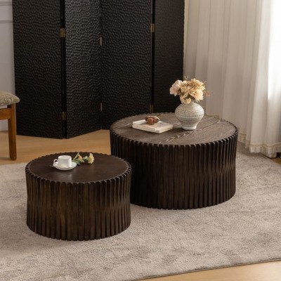 CENGHU Retro Fashion Style Cylindrical Coffee Table with Vertical Texture Relief Design, Nightstand, Side Table for Living Room, Dark Brown, 2PCS