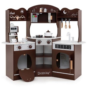 Honeyjoy Corner Kitchen Playset with Coffee Machine Oven Microwave Washing Machine White/Brown/Pink - 1 of 4