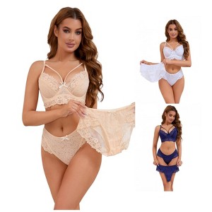 INSPIRE CHIC Women's 3 Sets Cross Straps Full Coverage Bralette and Panty Mesh Floral Lace Underwear Set - 1 of 4
