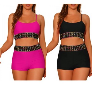 INSPIRE CHIC Women's Contrast Color High Waisted Scoop Neck Swimsuit Bathing Suit 2 Sets - 1 of 4