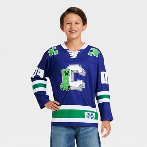 Boys' Minecraft Creeper Character Hockey Jersey - Blue/White - 1 of 3
