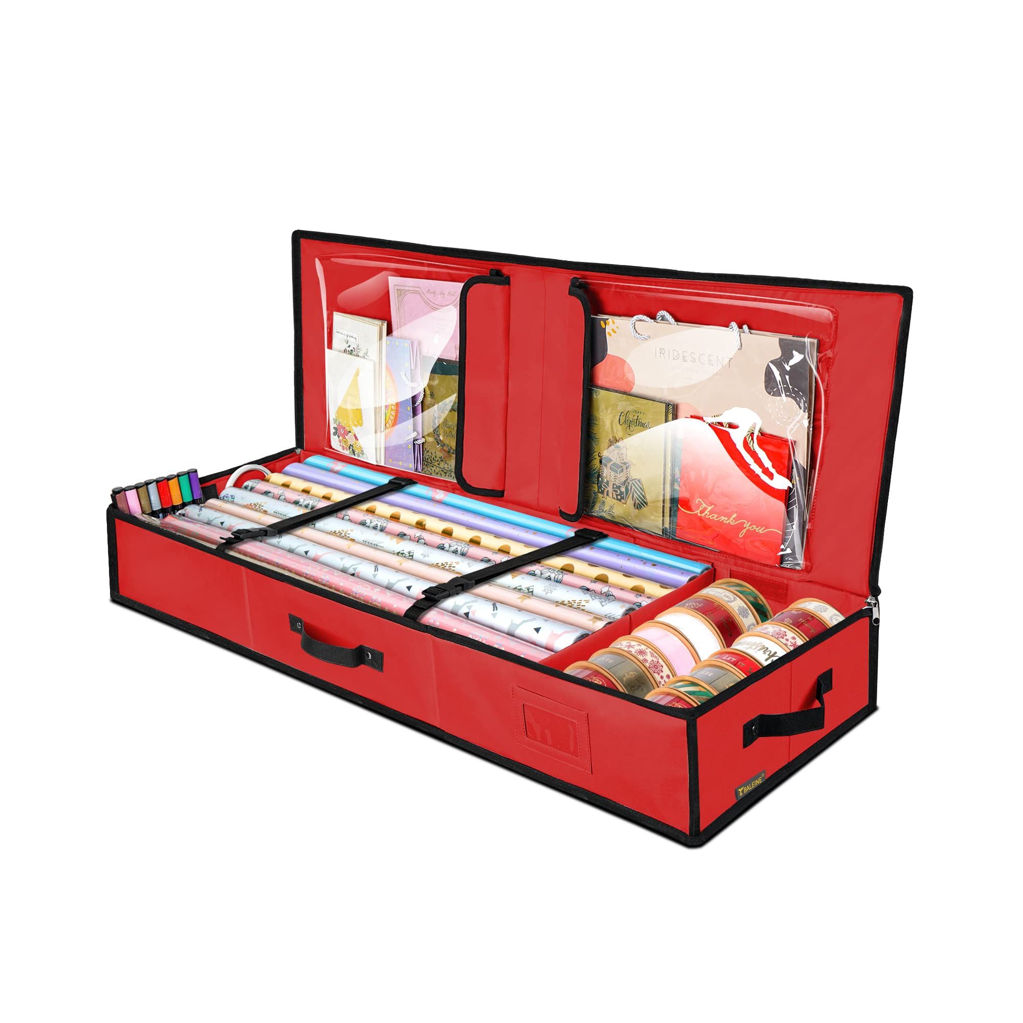 HOMLUX 40" Christmas Wrapping Paper Storage Bag with Flexible Partitions & Pockets,Red