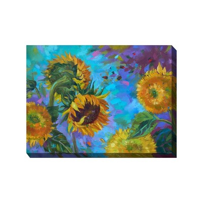 Cottage Garden West of The Wind Sunflower ON Blue Yellow, Blue, Purple 40 x 30 Inch Waterproof Gallery Wrapped Canvas, Outdoor Garden, Yard, Patio All