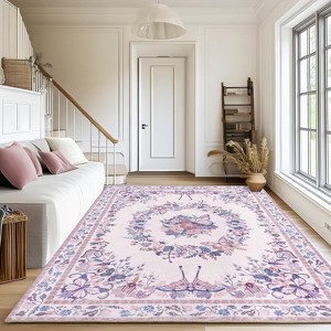Large Beige Butterfly Floral Area Rug, Ultra-Thin Non-Slip Washable Mat for Living Room & Bedroom - 1 of 4