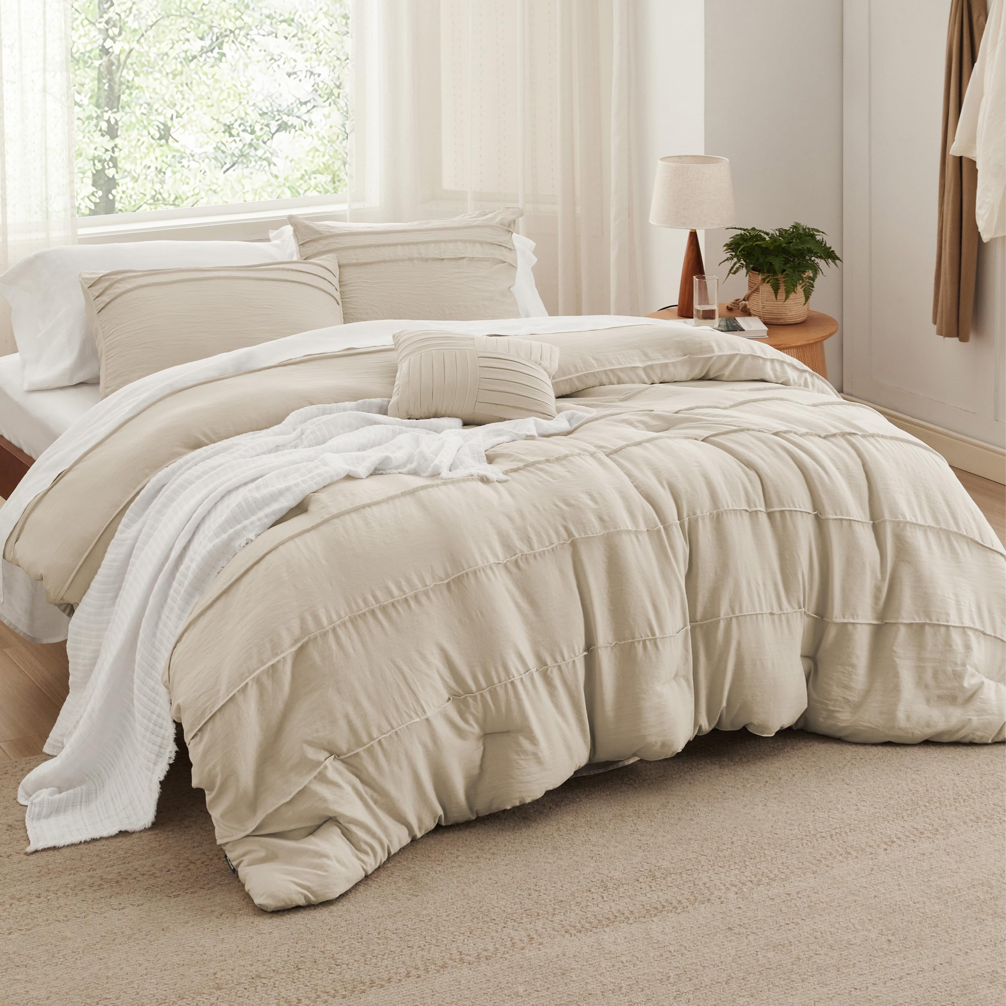 Bedsure Queen Comforter Set 4 Piece Pinch Pleat Linen Bedding OEKO-TEX Certified All Season Bed Set Ideal Christmas Gift