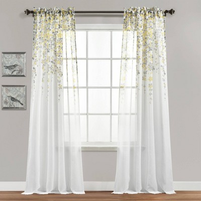 Set of 2 (84"x38") Weeping Flower Sheer Window Curtain Panels Yellow/Gray - Lush Décor
