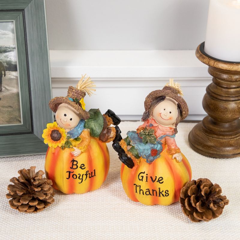 Northlight Set of 2 Girl and Boy Scarecrows on Pumpkins Fall Figurines 6", 2 of 7
