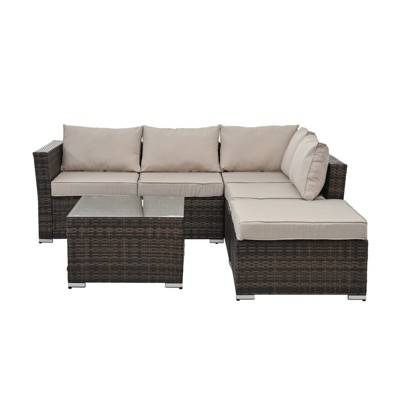 GlasFlength 3PCS Patio Seating Sets, Cushioned Sectional Sofa Table Set, Outdoor Wicker Sofa Glass Coffee Table, Beige, 51.1"*27.5"*25.62"