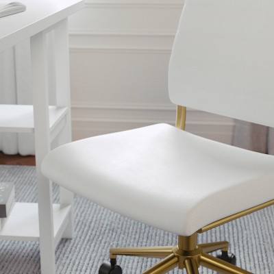 White Faux Leather Armless Swivel Office Chair with Brass Frame