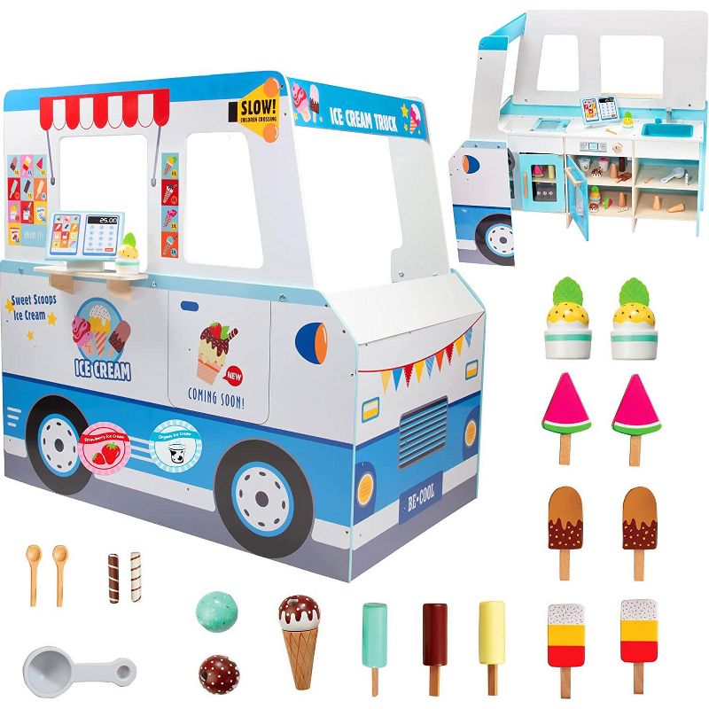 Svan Ice Cream Truck Wooden Playset, 20 Fun Toy Pieces Including Freezer, Steering Wheel, Sink & Sticker Sheet for Kids Name, 1 of 4