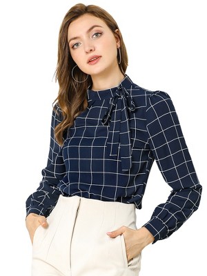 INSPIRE CHIC Women's Bow Tie Neck Keyhole Back Grid Checks Office Work Blouses