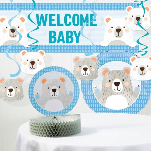 PERSONALISED BABY SHOWER LARGE PAPER BANNER WITH BEARS DIFFERENT PRINT COLOURS 