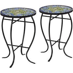 Teal Island Designs Black Round Outdoor Accent Side Tables 14" Wide Set of 2 Blue Wave Mosaic Tabletop Front Porch Patio Home House - 1 of 4