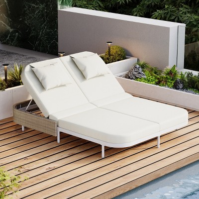 2-Person Outdoor Daybed, Patio Chaise Lounges with 5-Position Adjustable Backrest, Chaise Lounge with Iron Frame and Foam Cushions–Cuddlewood