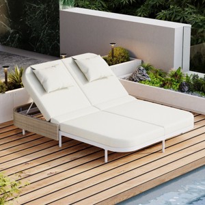 2-Person Outdoor Daybed, Patio Chaise Lounges with 5-Position Adjustable Backrest, Chaise Lounge with Iron Frame and Foam Cushions–Cuddlewood - 1 of 4