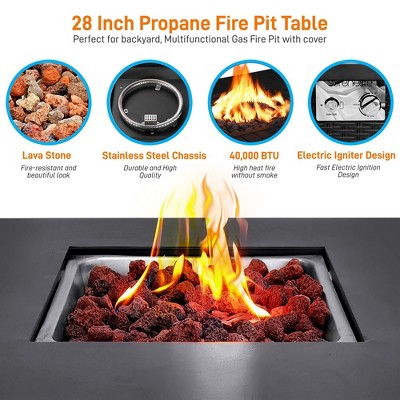 SereneLife 28" Black Propane Gas Fire Pit Table with Cover
