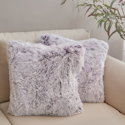 Cheer Collection Shaggy Long Hair Throw Pillows - Super Soft and Plush Faux Fur Lumbar Accent Pillows - Set of 2 - Purple - 12 x 20 in