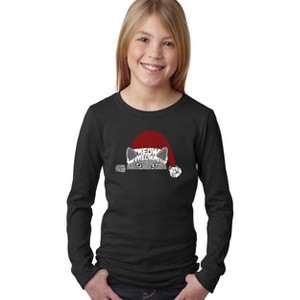 LA Pop Art Christmas Peeking Cat - Girl's Word Art Long Sleeve T-Shirt - 1 of 4