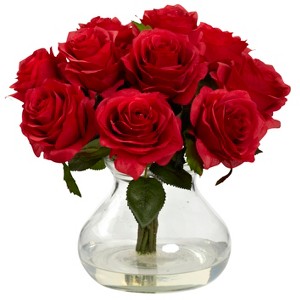 Nearly Natural Rose Arrangement with Vase, Red - 1 of 4