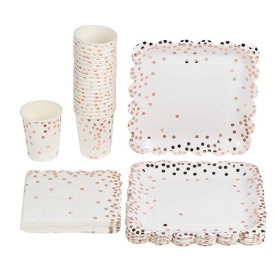 Rose Gold Confetti Disposable Tableware, Scalloped Plates (Serves 24, 72 Pieces)