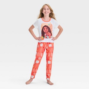 Girls' Moana 2pc Short Sleeve Pajama Set - Orange/White - 1 of 4