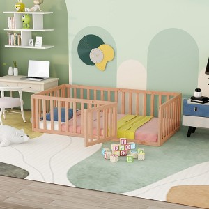 Twin/Full/Queen Size Wood Floor Bed Frame with Fence and Door - ModernLuxe - 1 of 4