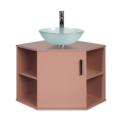 ELECWISH 28 Inch Bathroom Vanity, Pink Corner Bathroom Vanity with Open Shelves, Floating Bathroom Vanity for Small Space, Wall Mounted Bathroom Vanity Without Sink or Mirror