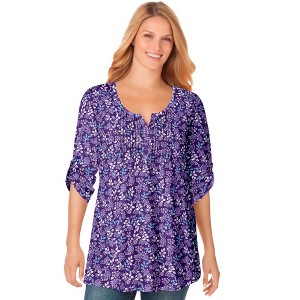 Woman Within Plus Size 7-Day Three-Quarter Sleeve Pintucked Henley Tunic - 1 of 4