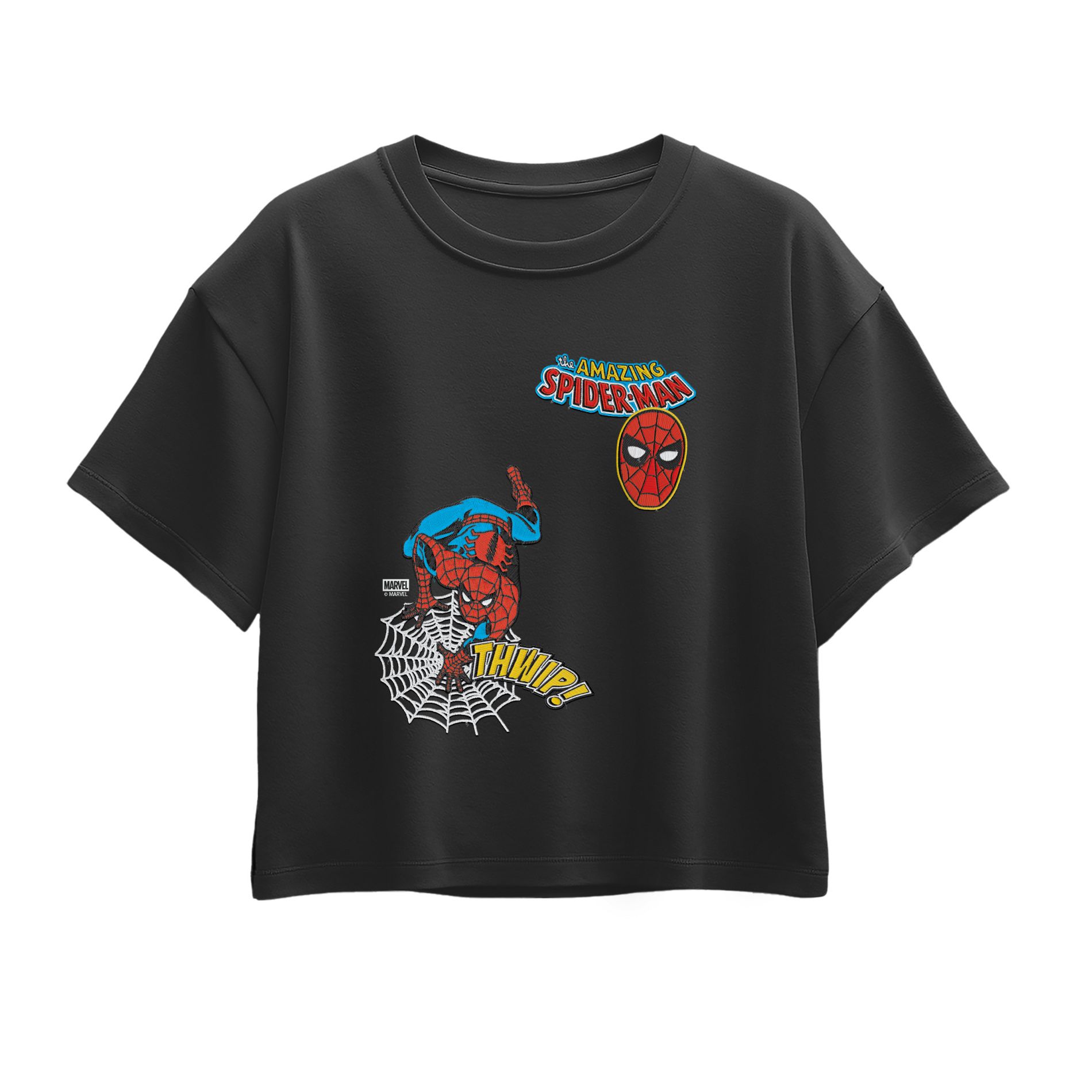 Girls' Spider-Man Spidey Thwip Faux Patch Short Sleeve Boxy Graphic T-Shirt - Black - Medium