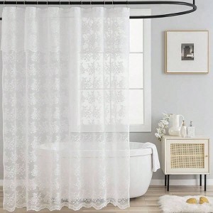 White Lace Shower Curtain with Attach Valance, Elegant Floral Sheer Scalloped Bathroom Decor 72x 72 Inch - 1 of 4