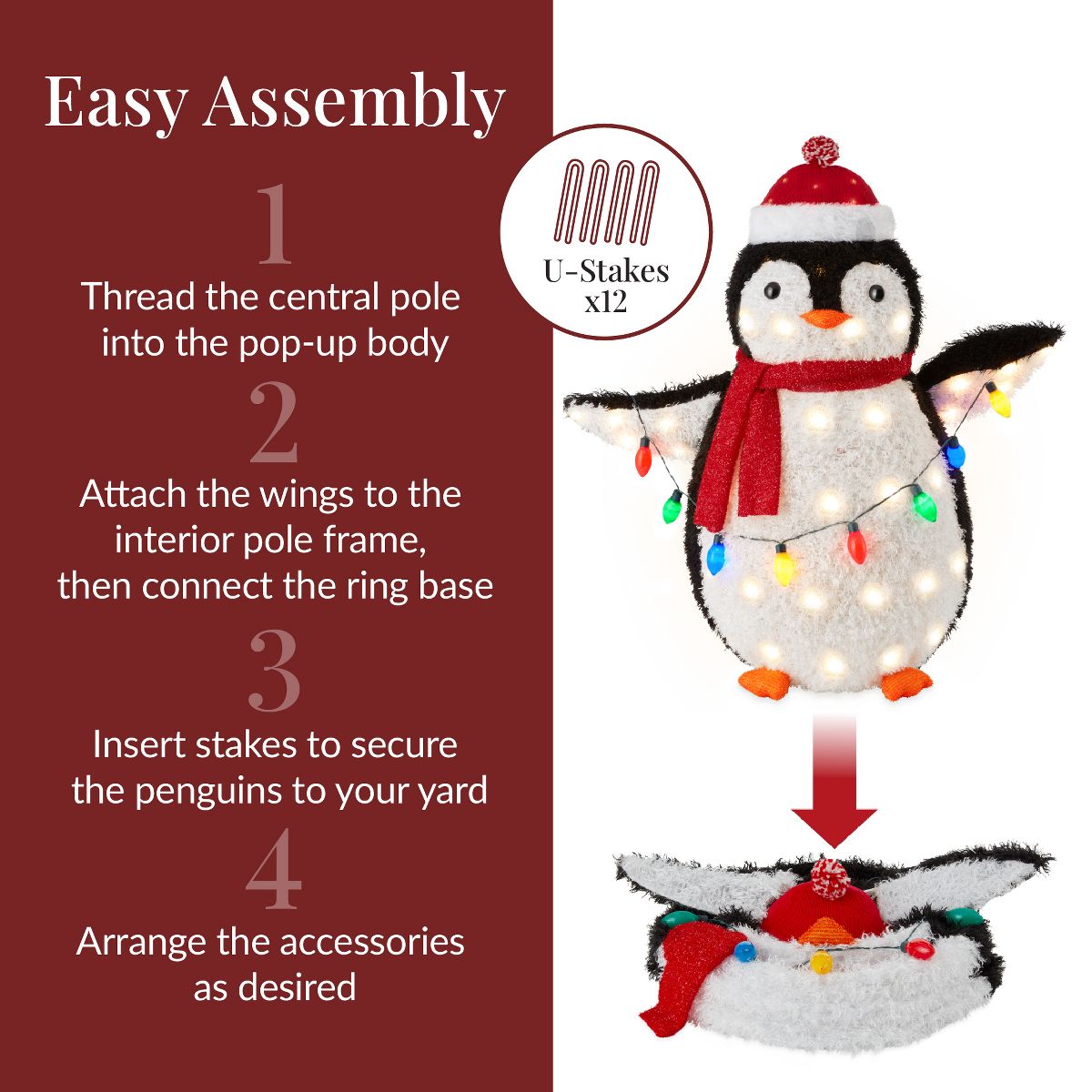 Best Choice Products Lighted Pop-Up Penguin Family Christmas Yard Décor – 3ft, 4ft & 5ft with LED Lights in Red & Blue - thumbnail 5