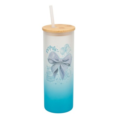 Elanze Designs 25 Ounce Frosted Glass Gradient Travel Tumbler With Straw and Wooden Lid, Mrs. Bow Sky Blue
