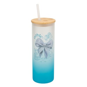 Elanze Designs 25 Ounce Frosted Glass Gradient Travel Tumbler With Straw and Wooden Lid, Mrs. Bow Sky Blue - 1 of 1