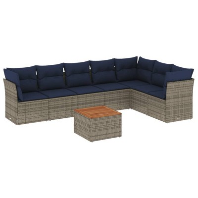 vidaXL 8 Piece Patio Sofa Set with Cushions Gray and Blue Poly Rattan