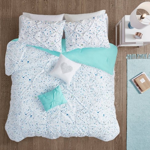 Full/queen Nicole Metallic Printed And Pintucked Comforter Set Aqua Blue -  Intelligent Design : Target