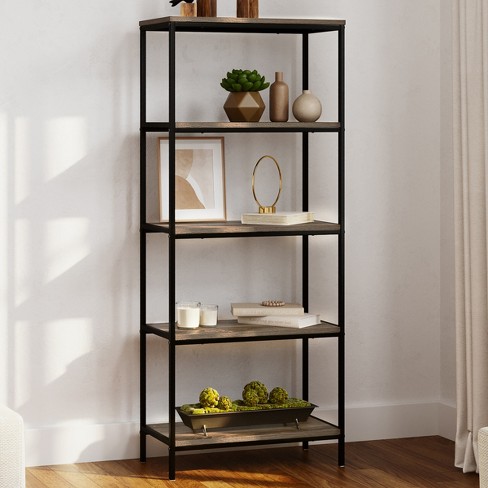 Lavish Home 5 tier Open Industrial Style Wooden Bookshelf Gray Woodgrain Target