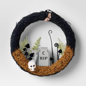 16" Twig Tombstone Halloween Scene Wreath - Hyde and EEK! Boutique™: Black Faux Floral, Indoor Wall Decor - 1 of 3