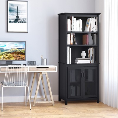 Black 71" MDF Bookcase Storage Hutch with Adjustable Shelves and Glass Doors
