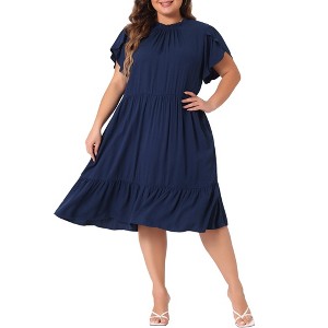 Agnes Orinda Women's Plus Size Tie Back Petal Sleeve Mock Neck Ruffle Swing Midi A-Line Dresses - 1 of 4