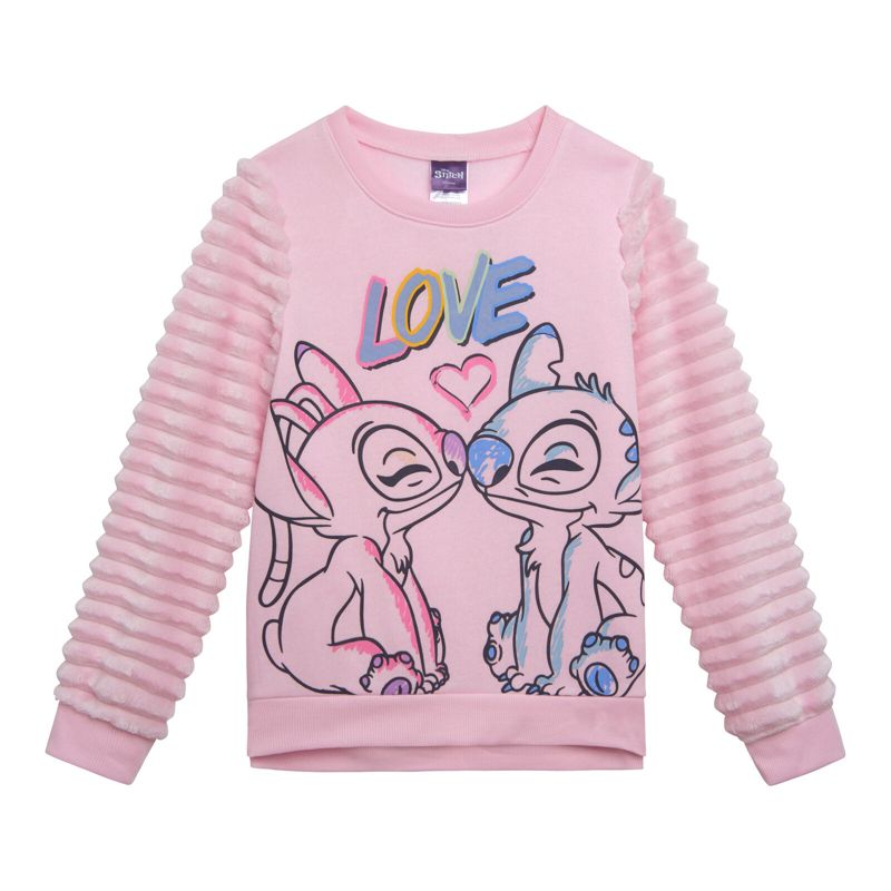 Disney Lilo & Stitch Little Girls' Valentine's Day Ribbed Graphic Fleece Pullover Angel Pink 4