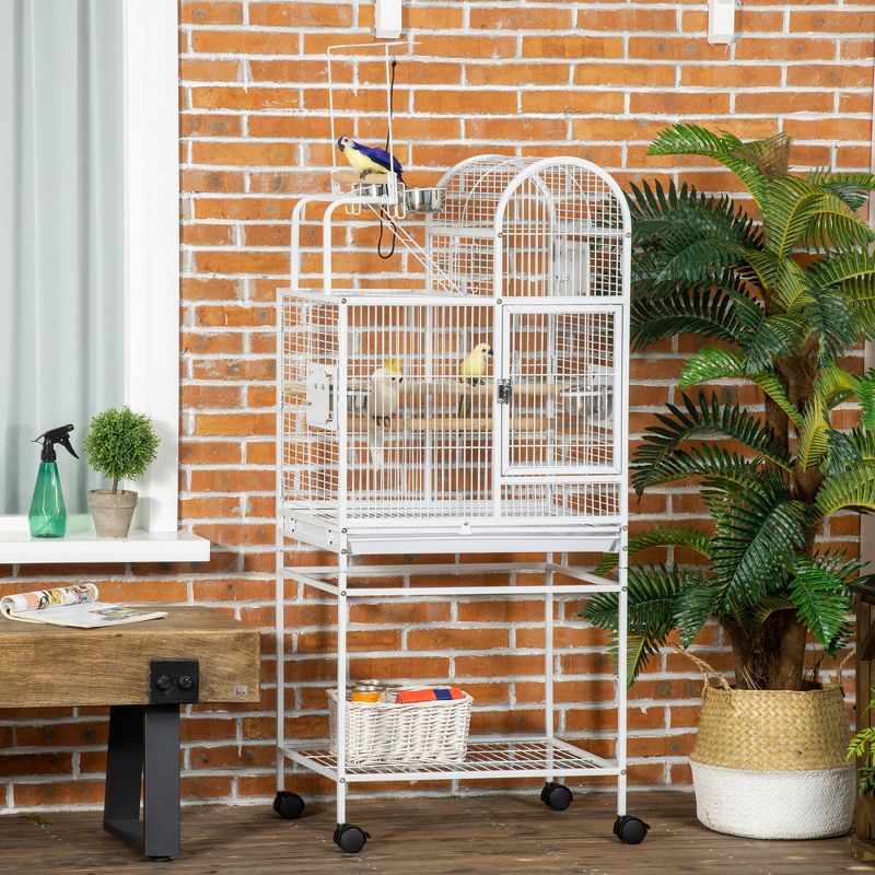 PawHut 55" Large Parrot Cage with Toy Hooks Bird Perch, Tray, Food Cups, Rolling Stand, Bird Cage for Cockatiels, Parakeets, Lovebirds, 2 of 7
