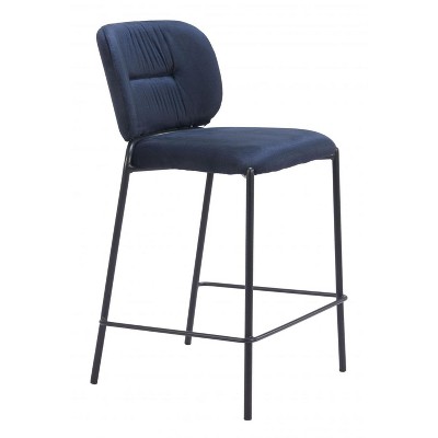 Counter Stool , 36.2" H, Blue Velvet Upholstery, Black Powder-Coated Steel Legs (Set of 2) By Zuo Modern
