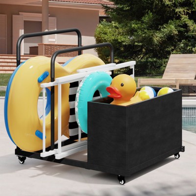 VisioGear Pool Accessories, Poolside Float Storage with Wheels, Pool Cart with Side Shelves for Patios, Gardens, Black, 39.4"*31.5"*37.6"