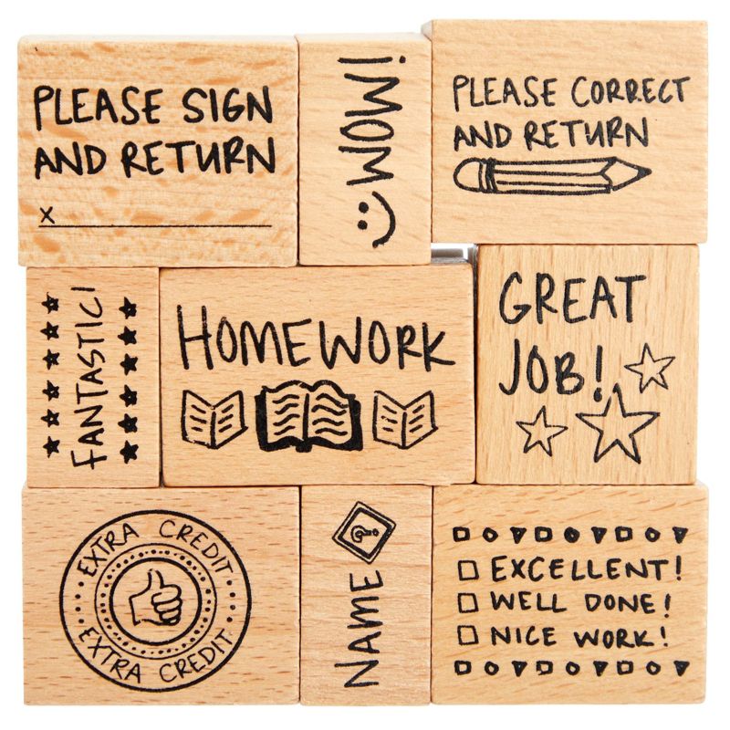 Blue Panda 9 Piece Set of Wooden Teacher Stamps for Classroom, Grading, Homework (Assorted Sizes), 1 of 9