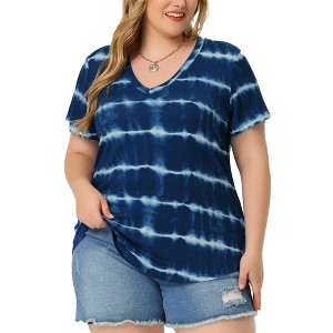 Agnes Orinda Women's Plus Size V Neck Short Sleeve Casual Stripe Tie Dye Basic T-Shirts - 1 of 4