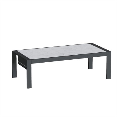 Bestier Rectangle Aluminum Patio Coffee Table with LED, Outdoor Table with Marble Texture Top, Patio Furniture Backyard Table with Waterproof Bag
