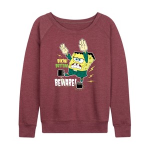 Women's - SpongeBob SquarePants - Bikini Bottom Beware Lightweight French Terry Wide Neck Long Sleeve Shirt - 1 of 4