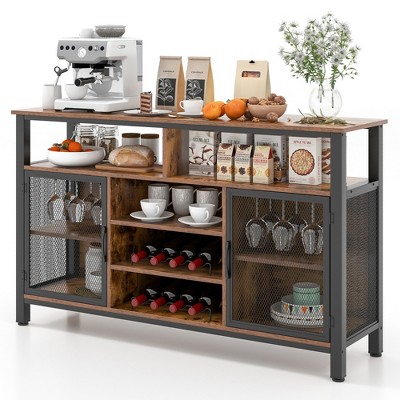 Rustic Brown 55-Inch Buffet Sideboard with Wine Racks and Glass Holders